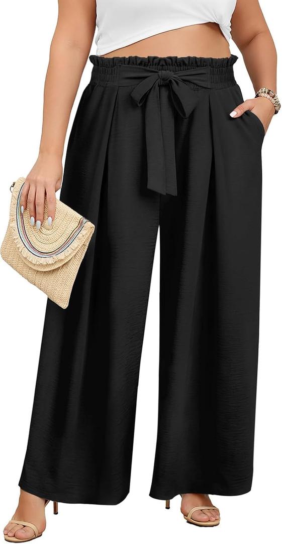 Lastshe Women's Plus Size Pants Wide Leg Casual Palazzo Curvy Elastic High Waisted Dress Pants Work Dressy Trousers with Pockets, Black, 2X