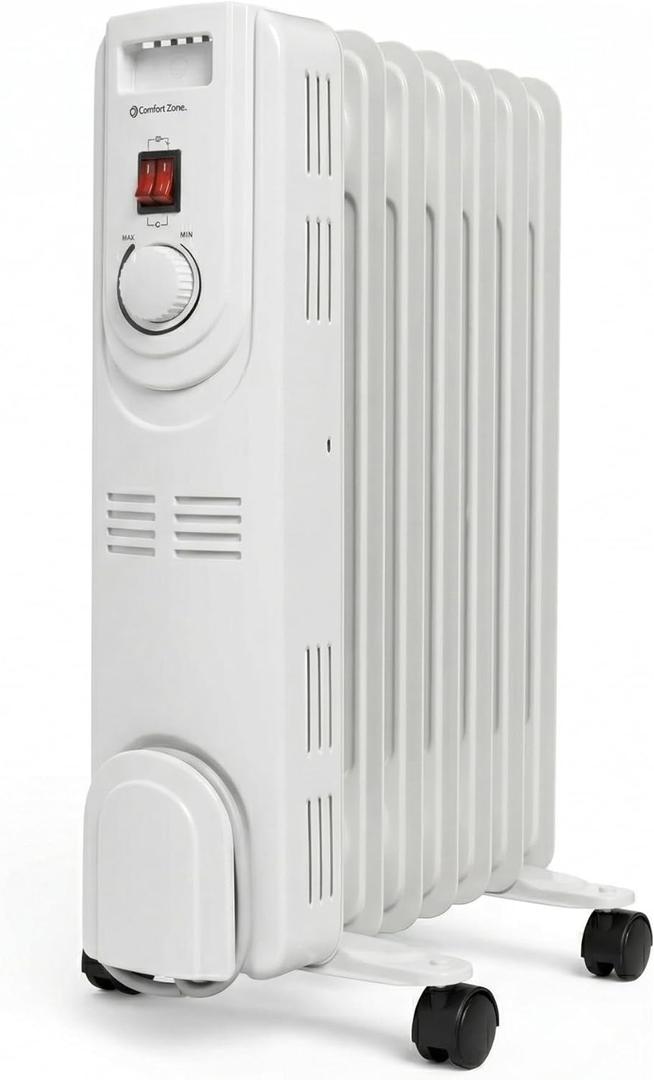 Comfort Zone Electric Oil-Filled Radiant Radiator Space Heater, Never Refill, Adjustable Thermostat, Tip-Over Switch & Overheat Protection System, Ideal for Home, Bedroom, & Office, 1,200W, CZ7007J