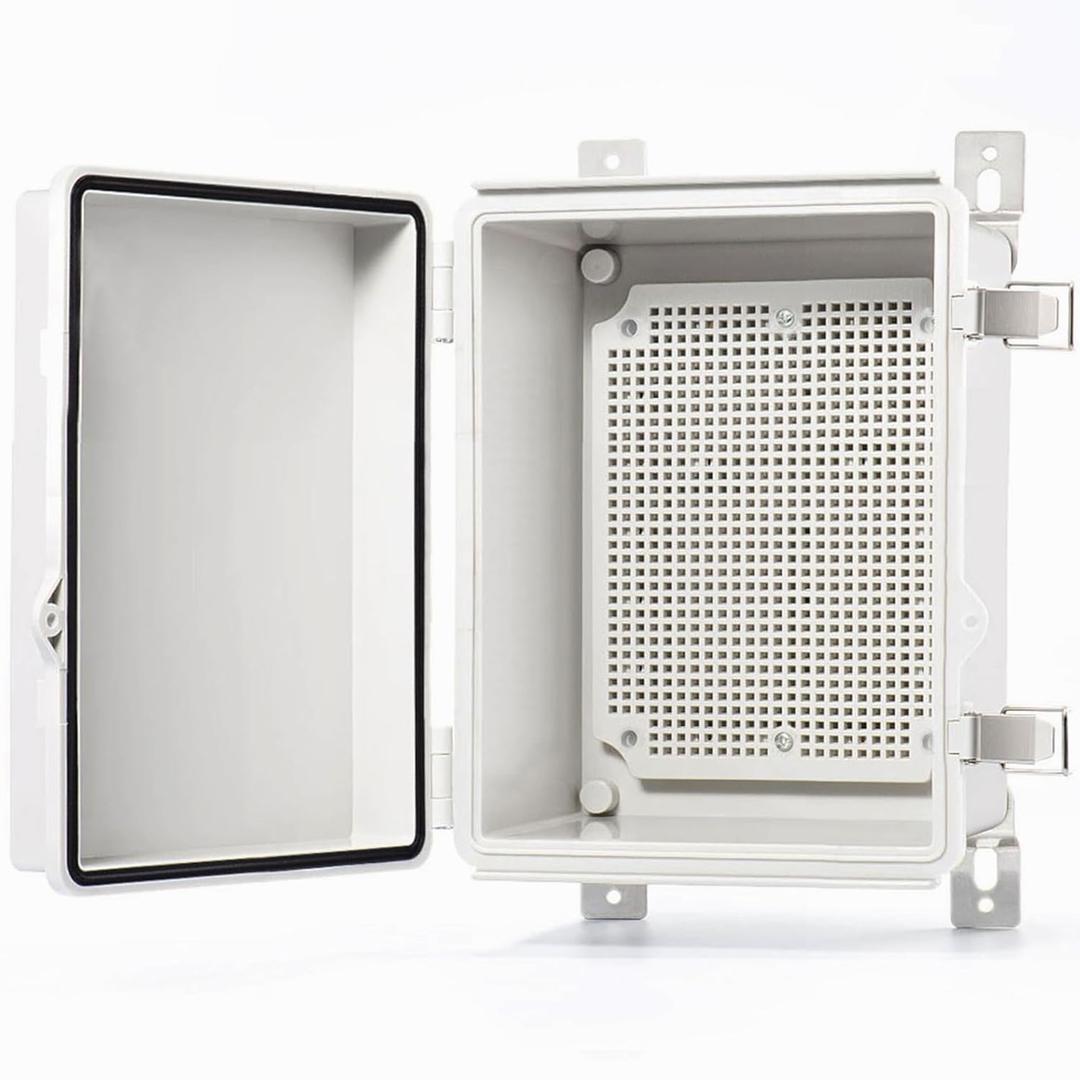 QILIPSU Waterproof Junction Box IP67 Outdoor Plastic Electrical Project Enclosure Weatherproof with Mounting Plate, Wall Brackets, Hinged Grey Cover 8.6"x6.7"x4.3"
