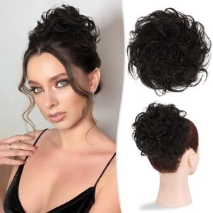 RUWISS Large Messy Bun Hair Piece 100% Human Hair Layered Wavy Curly Hair Buns Hairpiece for Women Thick Updo Hairpiece for Daily Wear Real Hair Scrunchies Brown Black Ponytail Extension