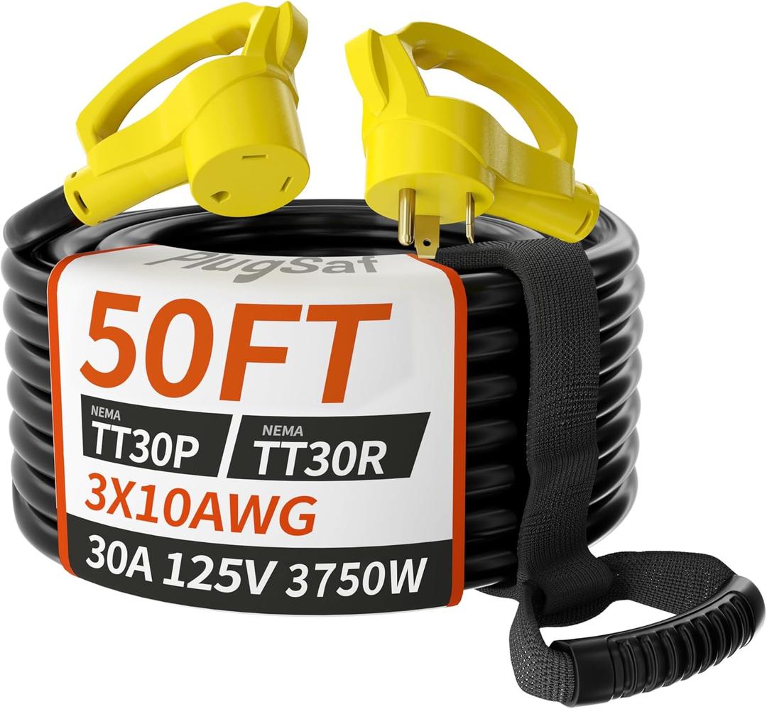 50 FT 30 Amp RV Extension Cord Outdoor with Grip Handle, Flexible Heavy Duty 10/3 Gauge STW RV Power Cord Waterproof with Cord Organizer, NEMA TT-30P to TT-30R, Black-Yellow, ETL Listed