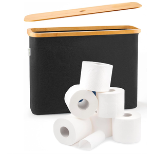 Lonbet Toilet Paper Storage for 12 Rolls, Stackable & Foldable - The Ultimate Bathroom Organizer - Waterproof Basket with Bamboo Lid - Elegant Toilet Paper Storage Holder, Black
