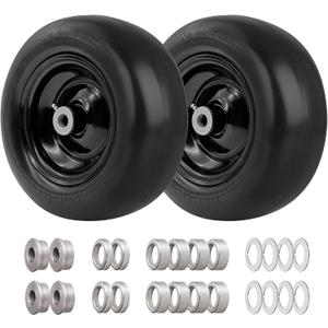 (2-Pack) RRQ 11x4.00-5 Flat Free Lawn Mower Tires and Wheels, 11x4x5 Solid Smooth Tread Tire with Universal Adapter Kit, 3.4" Centered Hub, 3/4" & 5/8" Bushing, for Zero Turn Mower and Garden Tractor