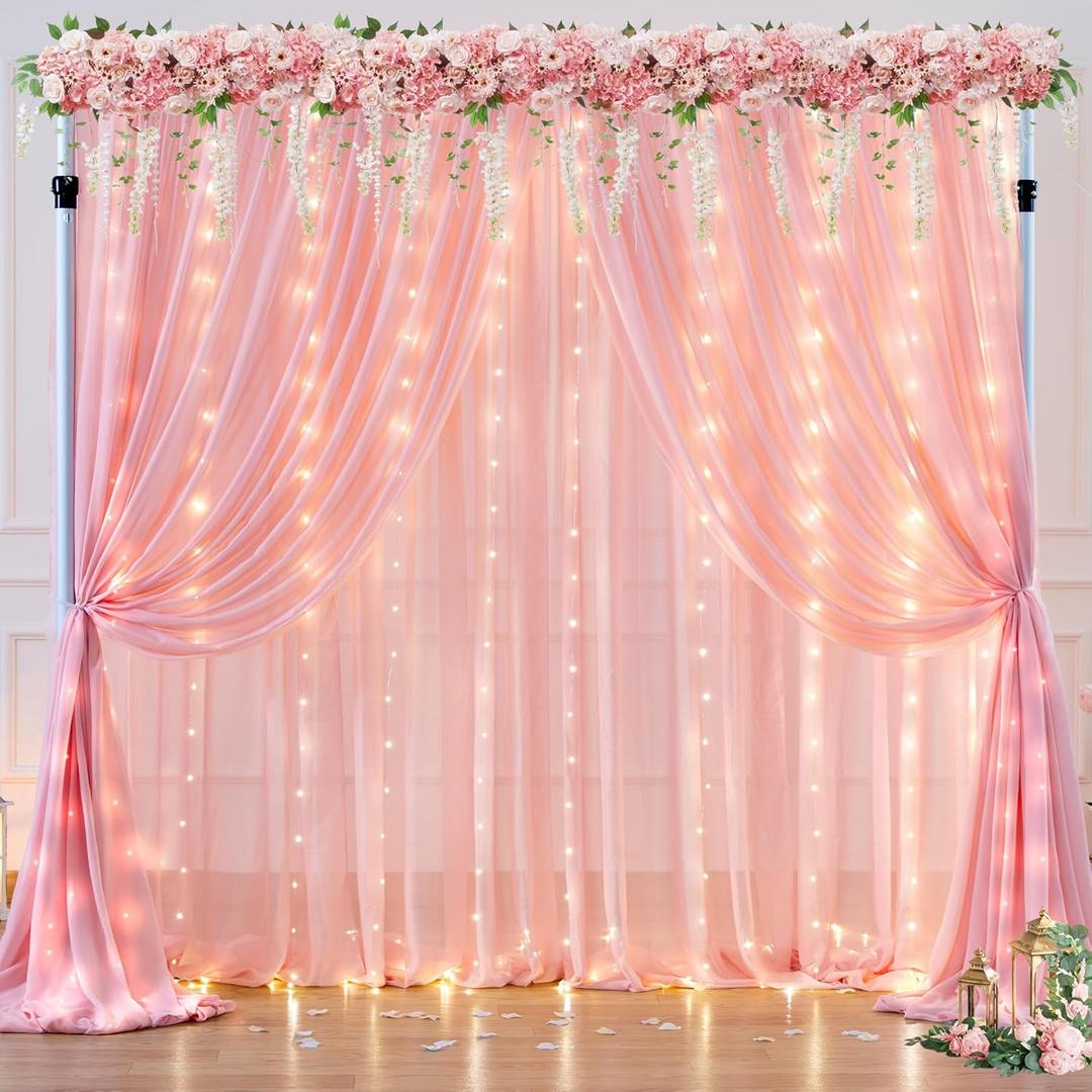 10ft x 10ft Baby Pink Backdrop Curtain with Lights String for Parties,2 Panels Sheer Tulle Curtain Wedding Photo Backdrop with Lights for Baby Shower Birthday Party Ceremony Home Decorations