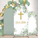 3Pcs God Bless Arch Backdrop Cover 4ft 5ft 6ft First Holy Communion Christening Party Spandex Fitted Arch Stand Cover Sage Green Photography Backdrop for Baptism Birthday Party Banquet Ceremony Decor
