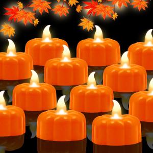 Thanksgiving Decorations Pumpkin Tea Lights,12 Pack LED Orange Pumpkin Lights FlameLess Candles Battery Operated Halloween Flickering Tealights Candles for Table Home Party Fall Decor