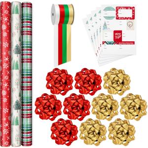 Hallmark Rustic Red and Green Christmas Wrapping Paper Set (90 sq. ft. ttl, 10 Bows, 4 Ribbon Colors, 40 Gift Tag Stickers) Snowflakes, Trees, Plaid, Ensemble