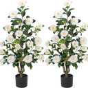 Artificial Camellia Tree 3.3 FT 2 Pack, Christmas Decor Fake Camellia Plant with Blooming Flowers&Natural Wood Trunk, Greenery Faux Potted Plant for Home Office Winter Indoor (White, 3.3FT)