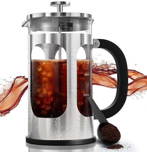 BAYKA 34oz French Press Cold Brew Coffee Maker, Heat and Cold Resistant Thickened Borosilicate Glass Stainless Steel Coffee Press, Iced Coffee Pot Tea Pitcher for Kitchen Travel Camping,1 Liter,Silver