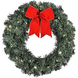 Artificial Pre-Lit Balsam Pine Christmas Wreath with Red Bow, 16 Inches, Battery Operated with Timer, Pack of 3