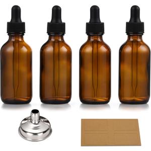 4 Pack, 1 oz Thick Dark Amber Glass Dropper Bottles with 1 Funnels & 4 Labels - 30ml Tincture Bottles with Eye Dropper - Leakproof Essential Oils Bottle - Storage and Travel for Beauty or Health