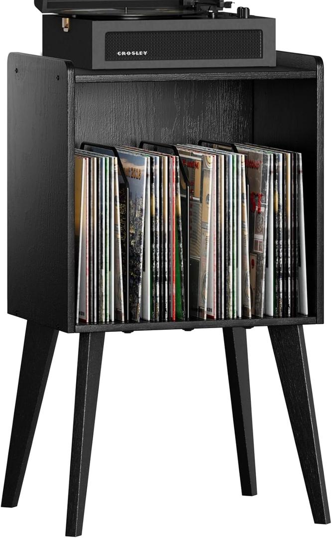 Gannyfer Record Player Stand – Minimalist Vinyl Record Storage Holds Up to 160 Albums, Mid-Century Record Holder Display Shelf with Wood Legs, Turntable Cabinet for Living Room, Bedroom (Black)