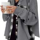 SHEWIN Womens Waffle Knit Plaid Shacket Boyfriend Button Down Shirt Hooded Jacket Loose Long Sleeve Tops (Medium)