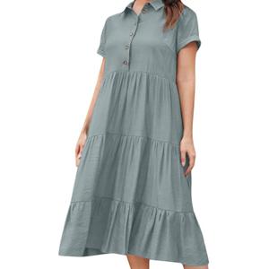 Womens Casual Short Sleeve Button Down Blouse Cotton Linen Midi Dress Summer Casual Loose Tiered Swing Dresses L
