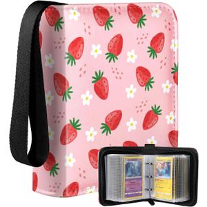 for 1 Pocket Card Binder Mini Size for 80 Cards - Small Trading Card Collection Album Folder Lightweight Portable PK Strawberry Design for Girls Girly Teens Kids for Sports Cards Game Cards
