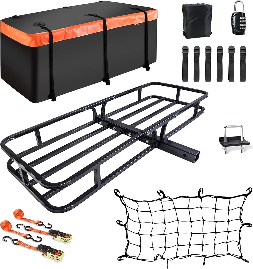 Hitch Mount Cargo Carrier Basket 53"*19"*5"+Waterproof Bag 9 Cubic Feet(51"*17"*18"),and Cargo Net with Attachment Hooks,Ratchet Straps,Hitch Stabilizer 500 Lbs Capacity, Fit 2" Receiver