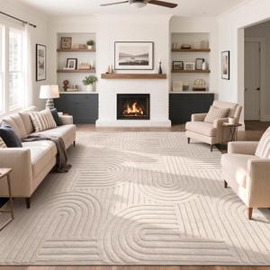 SHACOS Soft Cozy Fluffy Arch Pattern High Low Pile Area Rugs 9'x12' Large Non Slip Washable Modern Geometric Rug Scandinavian Minimalist Carpet for Living Room Bedroom Dining Room, Beige