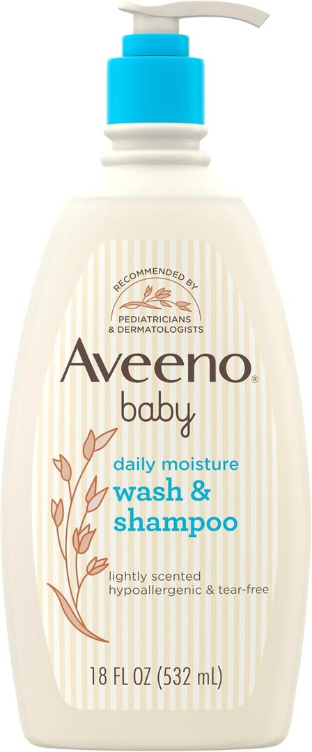 Aveeno Baby Daily Moisture Gentle Body Wash & Shampoo with Oat Extract, 2-in-1 Baby Bath Wash & Hair Shampoo, Tear- & Paraben-Free for Hair & Sensitive Skin, Lightly Scented, 18 fl. oz