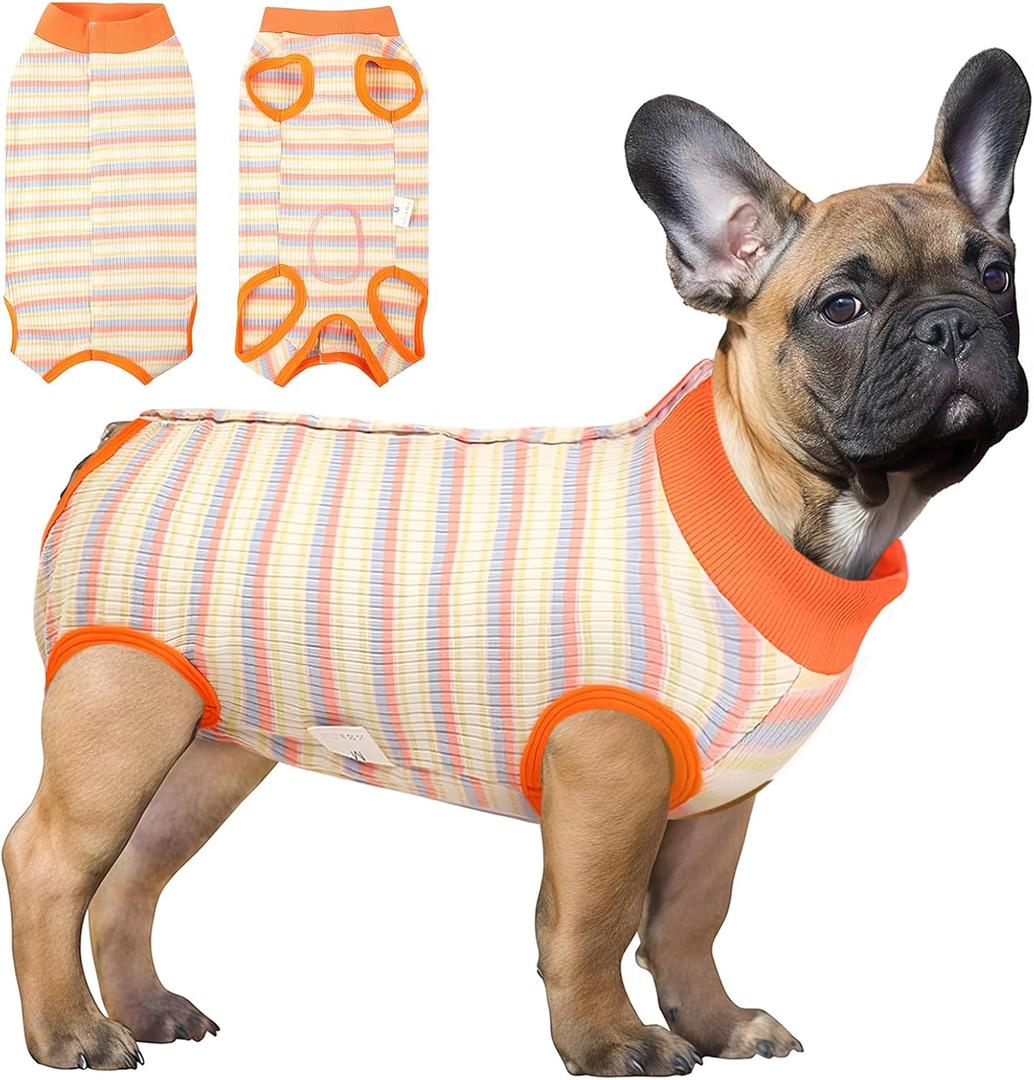 SAWMONG Recovery Suit for Dogs Female Male, Cotton Breathable Dog Onesie After Surgery Spay Neuter, Professional Dog Surgical Suit, Substitute Pet E-Collar Cone (Orange Stripes, XS)