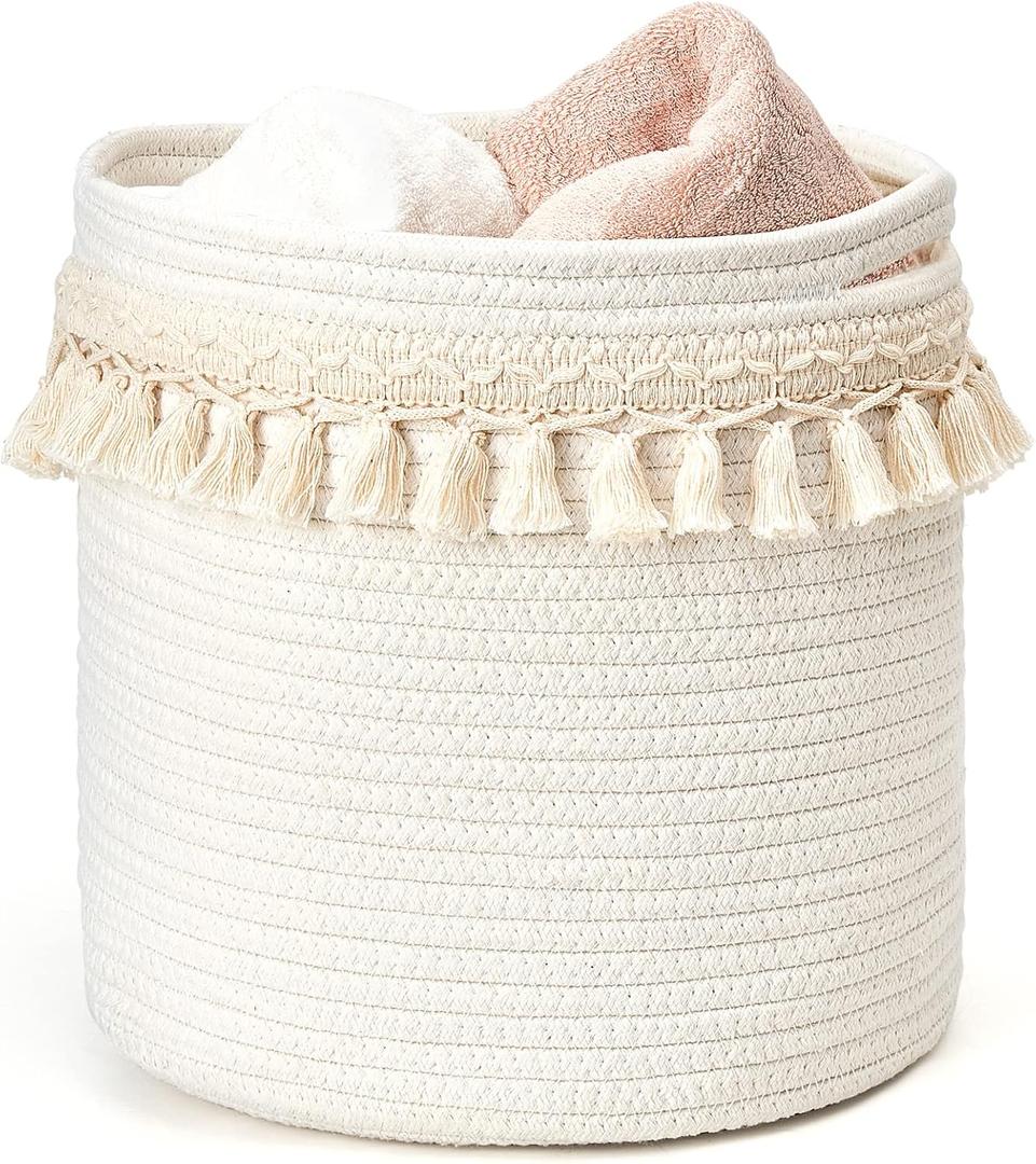 Mkono Macrame Decorative Cotton Rope Basket Boho Nursery Decor Small Cute Woven Tassel Closet Storage Bins Organizer for Baby Toys,Magazines, Potted Plants Cover,Living Room,Bedroom, 11"x11"