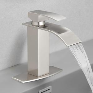 Hoimpro Waterfall Spout Brushed Nickel Single Hole Bathroom Faucet,Single Handle Bathroom Vanity Sink Faucet, Rv Lavatory Vessel Faucet with 6 Inch Deck Plate, Brass