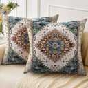Boho Throw Pillow Covers 20x20 inch Set of 2,Soft Pillowcases Bohemia Carpet Printing Pattern Decorative Sofa Living Room Bed Square Pillow Case Cushion Cover-Blue Green