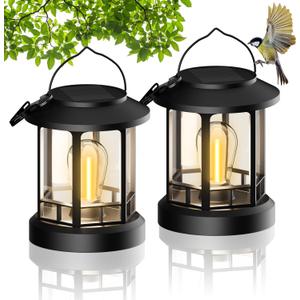 Solar Lights Outdoor Hanging Lantern, Solar Lanterns Waterproof for Patio Decor with Clip, Retro High Brightness Solar Powered Hanging Lamp for Garden, Path, Walkway, Porch, Pack 2