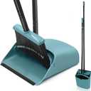 JEHONN Broom with Dustpan Combo Set, Long Handle Lightweight Indoor Broom Set, Upright Standing Dust Pan with Comb Teeth Store Sweep Set for Home Room Kitchen Office Lobby (Grey-Green)