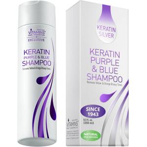 VITAMINS hair cosmetics Keratin Purple Shampoo for Blondes - Blue Shampoo - Hair Toner for Bleached Hair - Tones Brassiness & Repairs Blonde, Silver, Grey, White & Ash Gray Locks