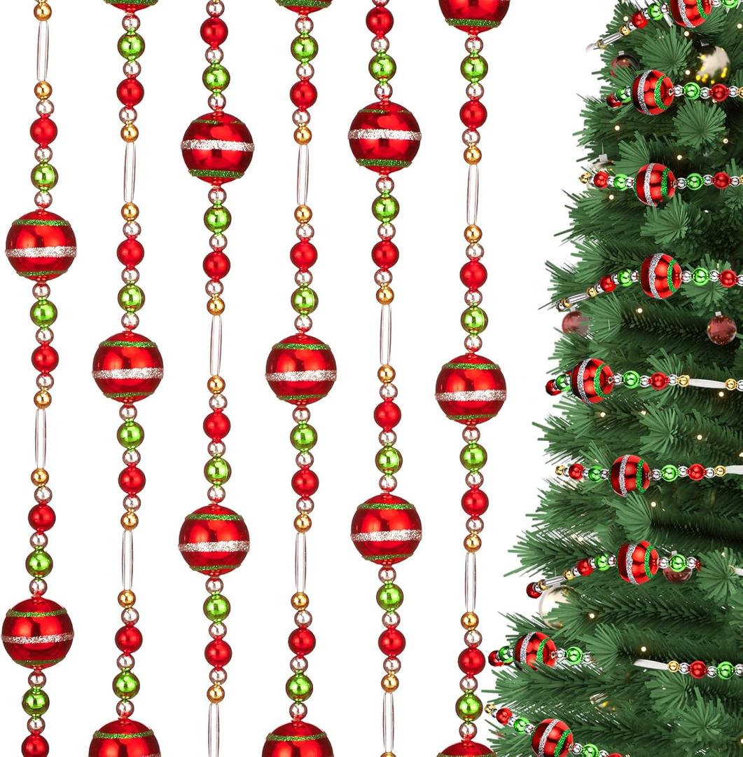 3 Pcs Long Christmas Acrylic Garland 30 ft Red Green Christmas Tree Beaded Garland Vintage Christmas Tree Garland Ornaments Xmas Gold and Silver Colorful Garland for Holiday Christmas Party Supplies