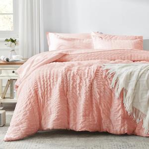 Zzlpp Queen Comforter Set 7 Pieces, Pink Seersucker Bed in a Bag with Comforter and Sheets, All Season Bedding Sets with 1 Comforter, 2 Pillow Shams, 2 Pillowcases, 1 Flat Sheet (Blush)