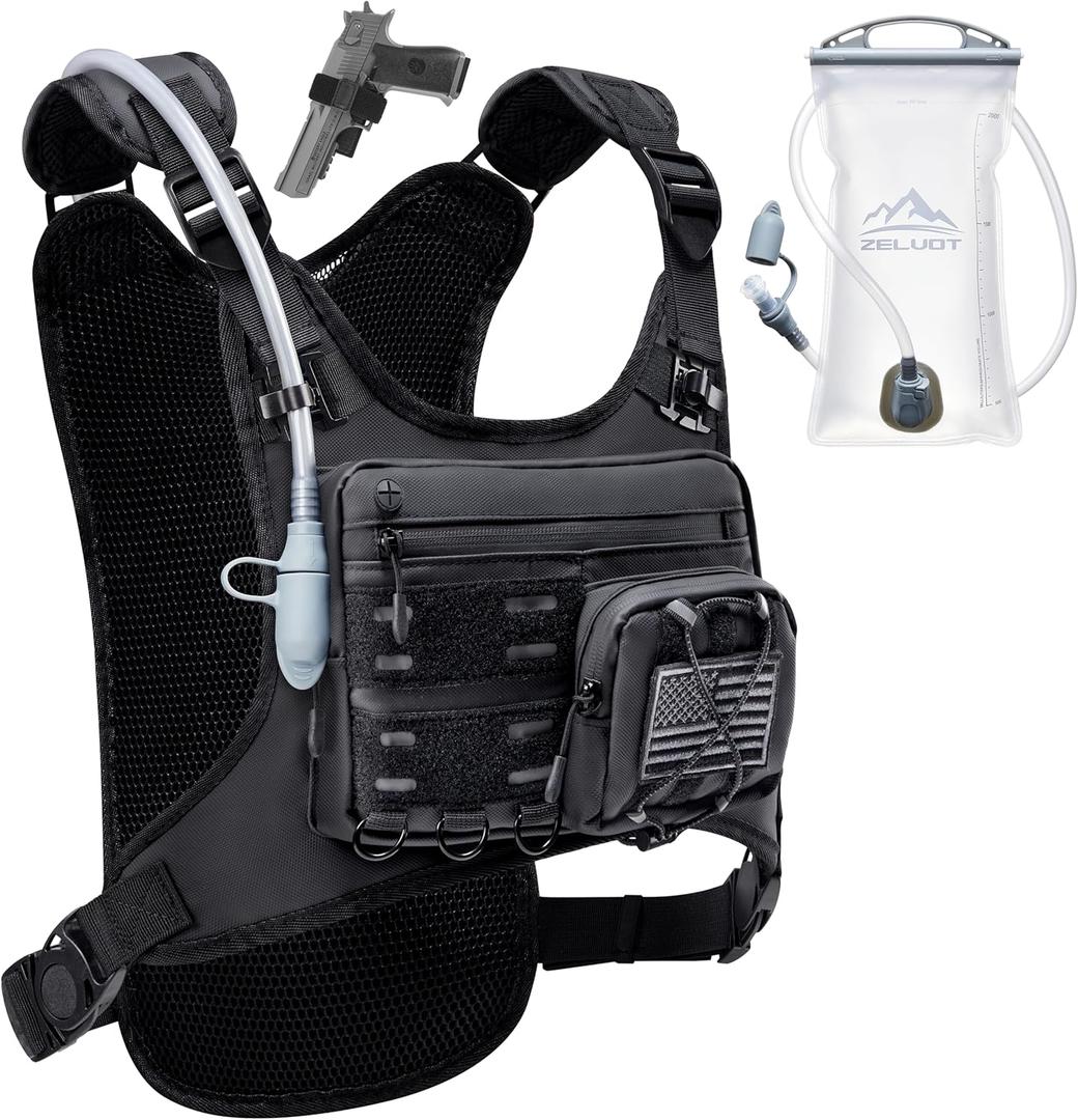 Zelvot Running Vest with 2L Water Bladder, Hydration Backpack, U.S. Design Patent, Lightweight Hydration Pack with Gear Holder, Reflective Chest Pack for Men Women for Marathon (Black, M/ L)