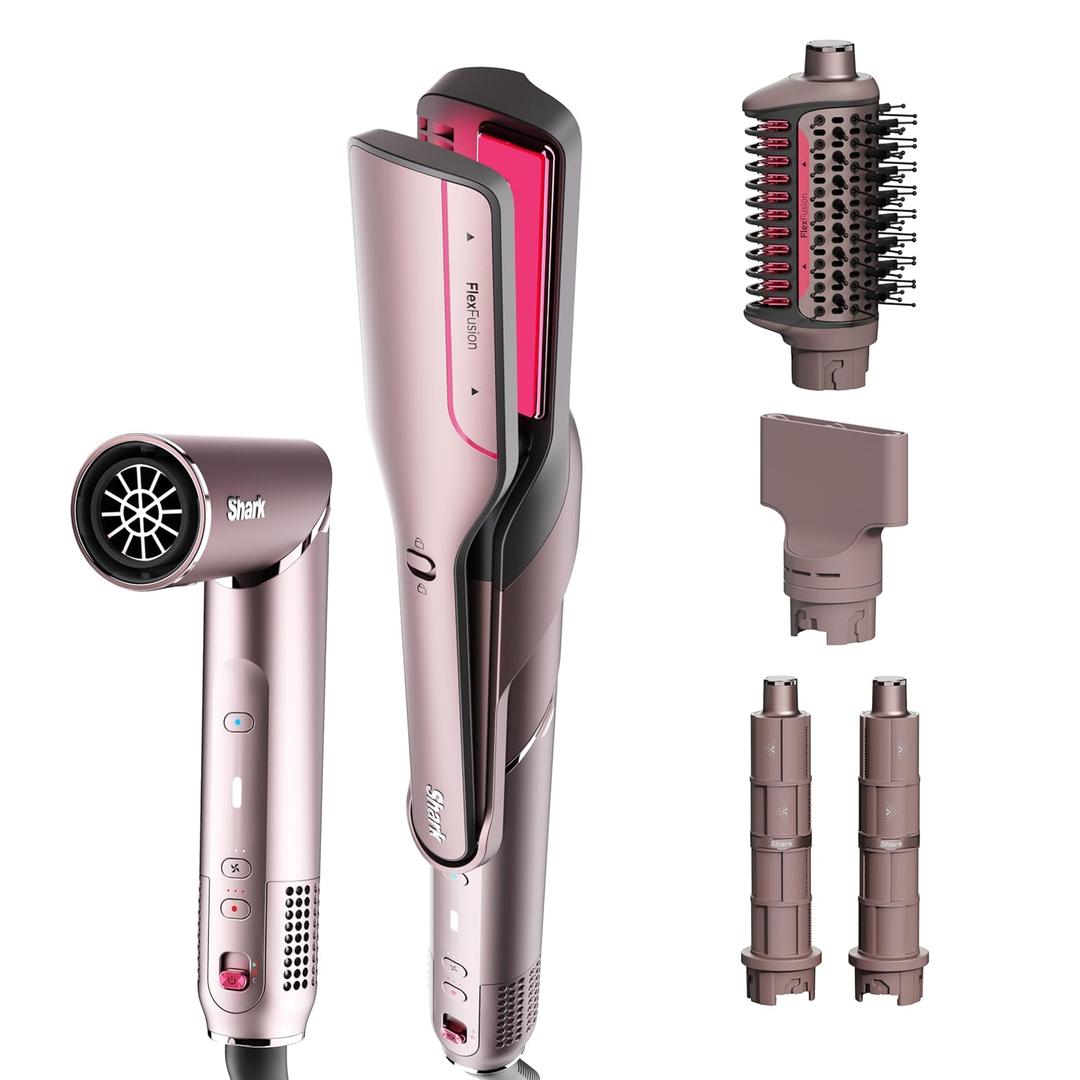 Shark FlexFusion Hair Straightener & Powerful Hair Dryer with Fusion Hair Brush, Ceramic Air Styler with Auto-Wrap Curlers & Concentrator, Ceramic Plates, Cosmic Blush