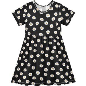 White Daisy Pattern Girls Dresses Short Sleeve Casual Midi Sundress for Kids (4T, Multicoloured) White Daisy Pattern Girls Dresses Short Sleeve Casual Midi Sundress for Kids (4T, Multicoloured)