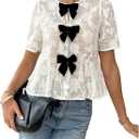GORGLITTER Women's Floral Peplum Tops Bow Sheer Short Sleeve Ruffle Blouses Cute Babydoll Tops Summer Going Out Outfits (White, S)