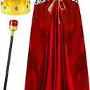 Silkfly King Cape Costume Set Medieval Robe Cape Gold Jeweled Plastic Crown Scepter for Carnival Halloween (120 cm, Red)