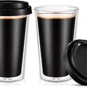 Honeydak 2 Pack 12 oz Double Walled Glass Coffee Mugs with Silicone Lids Clear Insulated Drinking Cups Reusable Glass Iced Coffee Cups for Home Office and Travel