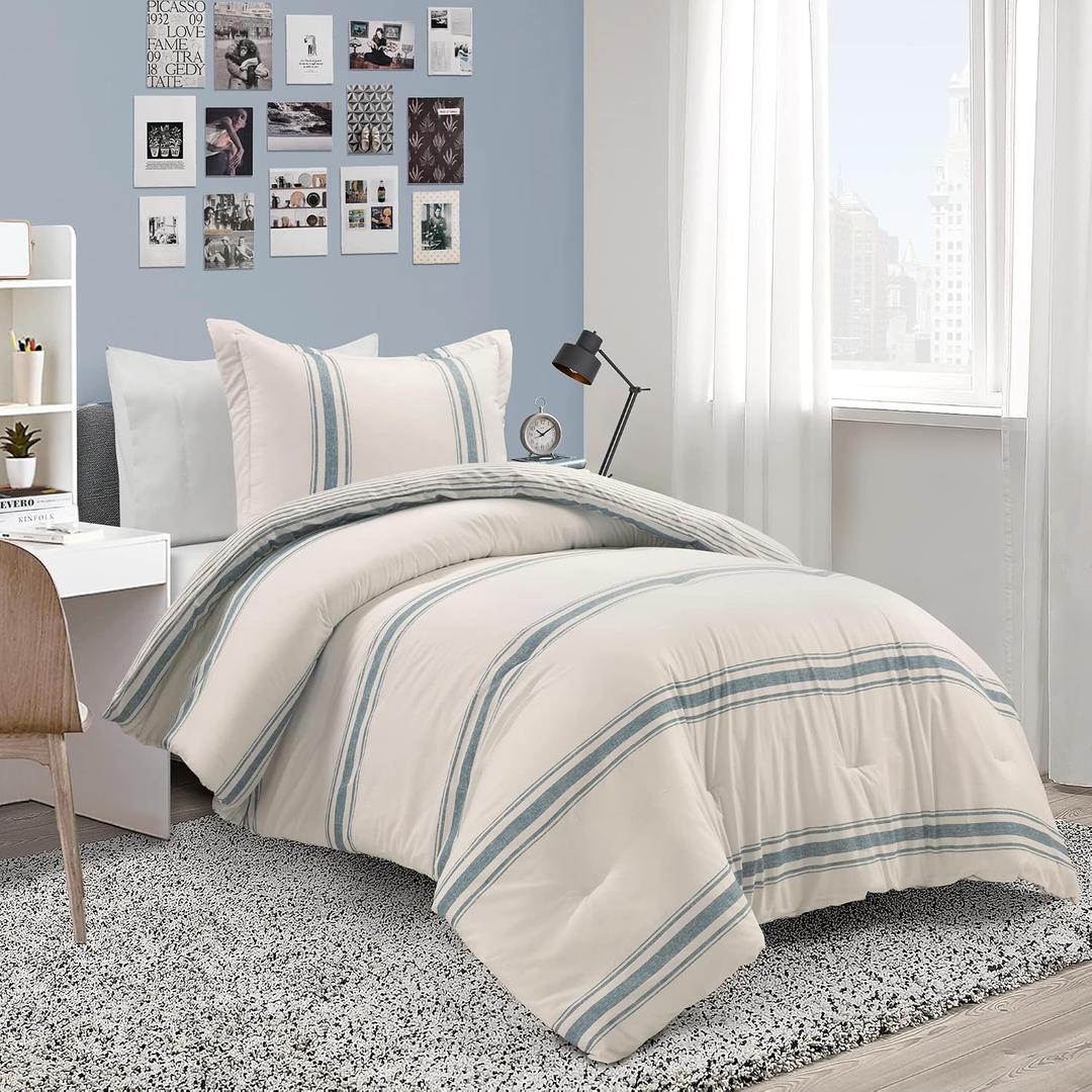 Lush Decor Farmhouse Stripe Reversible Cotton Comforter Set, 2-Piece, Twin XL Blue - Twin Bedding Set - Dorm Decor - Striped Comforter for Farmhouse Bedroom Decor