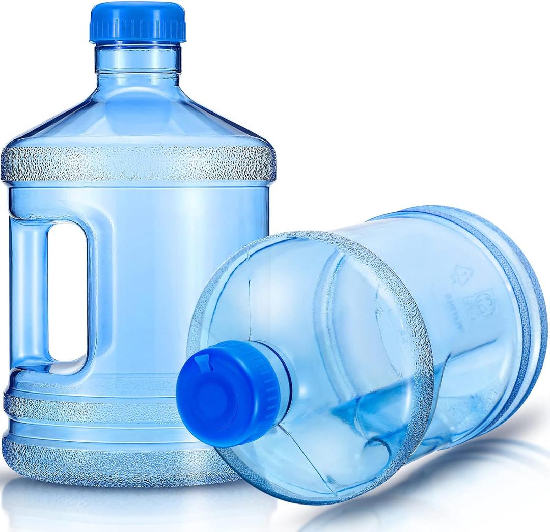 Hoolerry 2 Pieces Water Bottle 1 Gallon Round Plastic Water Jug with Handle Reusable Leak Proof Bottle for Gym Sports Office Daily Cold Liquids Drinking Use, Blue