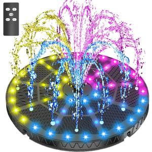 SZMP Remote Control Solar Fountain with Colorful Lights,Solar Water Fountain for Bird Bath Garden Outdoor Decor,Built-in 4000mAh Battery 7 Nozzle 4 Fixer