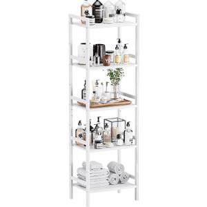 HITNET 5 Tier Bamboo Shelf, Tall Narrow Bookcase, Freestanding Bathroom Storage Unit with Adjustable Shelves, Modern Display Standing Bookshelf for Living Room, Bedroom, Home Office, White, 45 cm x 31.5 cm x 142 cm