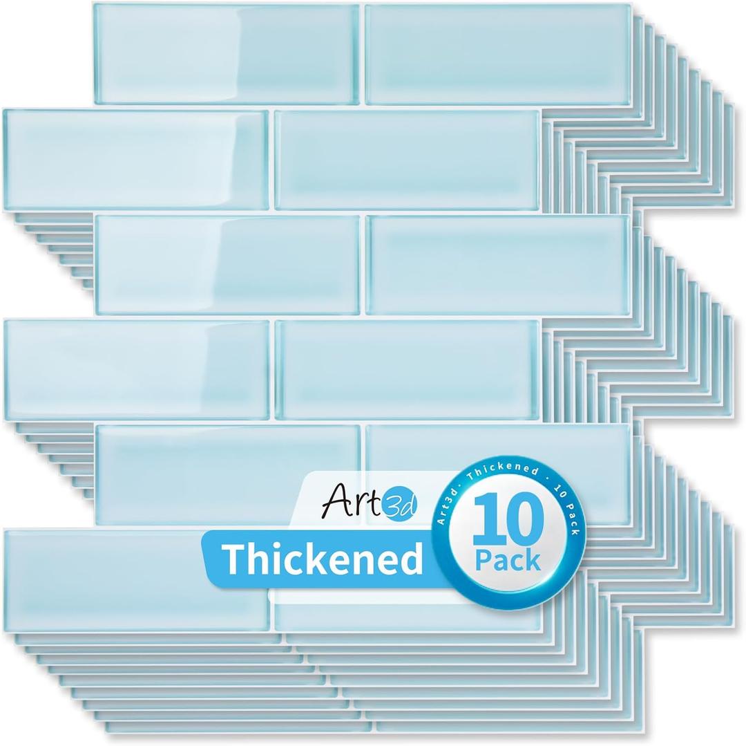 Art3d 10-Pack Heavy-Duty Peel and Stick Backsplash, 12 x 12 Inch Vinyl Seaglass Subway Design Stick on Wall Tile for Kitchen Living Room Home Decor, Aqua Blue