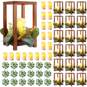 54 Pcs /18 Set Wedding Lantern Centerpiece for Table-Wooden Candle Lantern Bulk Includes 18 Farmhouse Wooden Candle Holder 18 Flameless LED Candles 18 Eucalyptus Leaves Wreath for Decoration