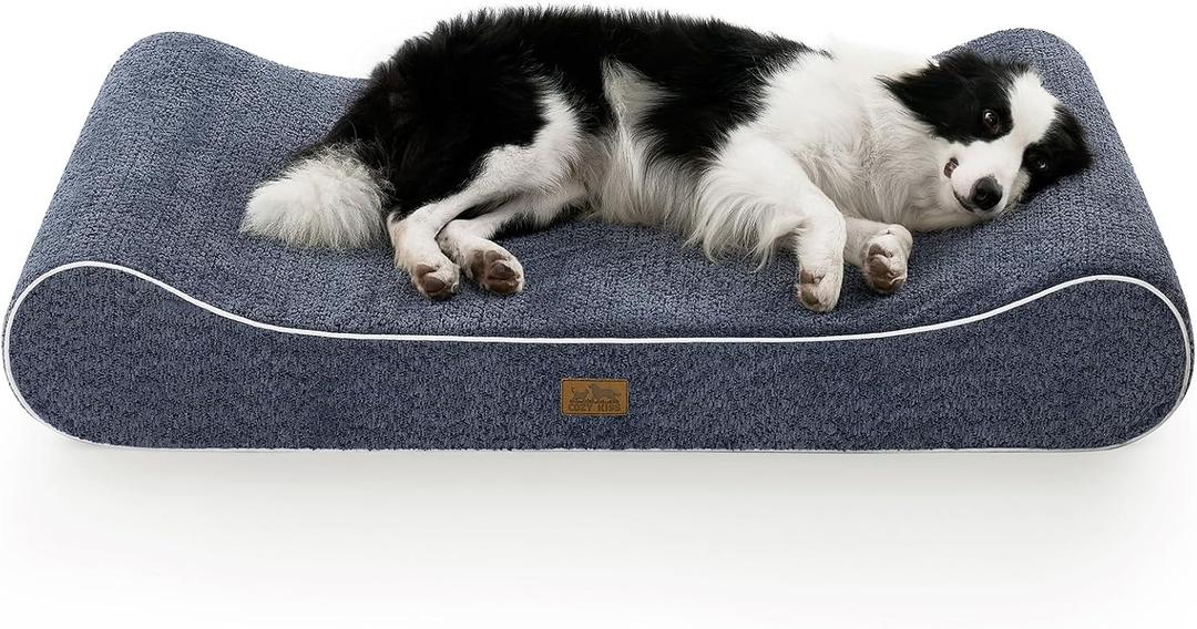 COZY KISS Orthopedic Dog Bed for Extra Large Dogs up to 140 lbs - Removable Washable Cover with Waterproof Lining, Cotton-Polyester Blend Boat-Shaped Lounger Mattress, XL(51x36x8in), Blue