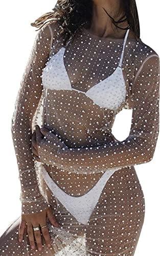 Willow Dance Women's Sheer Mesh Pearl Rhinestone Cover Up Beach Dress Swimwear Bikini Swimsuit Bathing Suit Coverups, Size: L