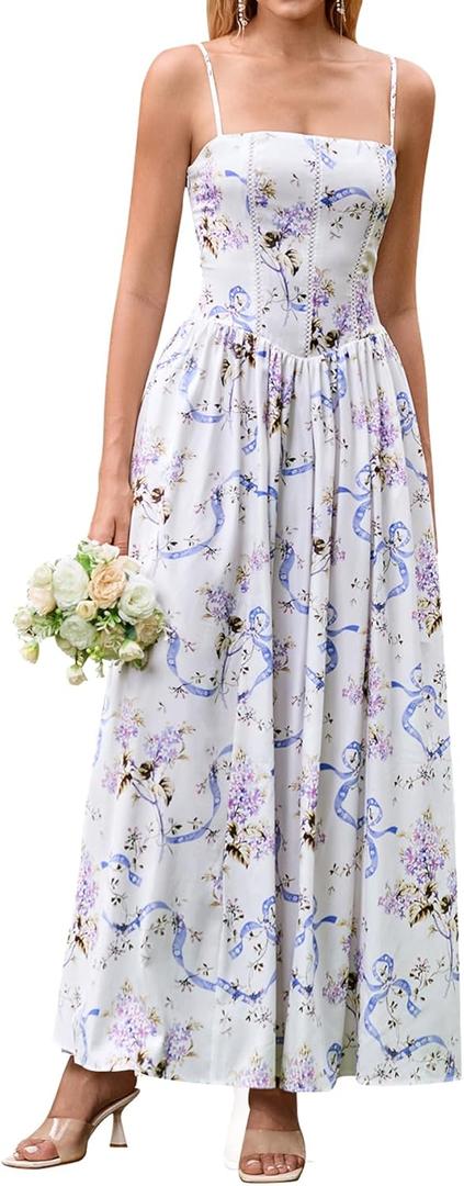KUTUMAI Floral Corset Long Maxi Dress Lace Up Flowy A Line Summer Wedding Guest Dresses for Women Sundress with Pockets (XL)