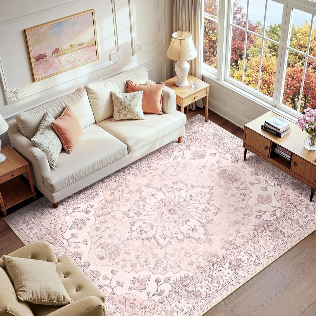Area Rugs 6'x9' Washable Non-Slip, Floral Vintage Distress Print Pattern Medallion Carpet for Living Room Bedroom Dining Room, Pink Greypink Cute