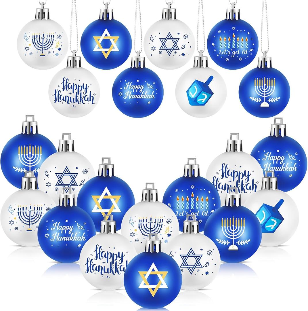 Barydat 24 Pcs Happy Hanukkah Ornament for Tree Balls Chanukah Hanging Ornaments Star of David Hanukkah Ornament Balls White Blue Jewish Menorah Ornaments for Xmas Tree Decoration(Stylish Style)