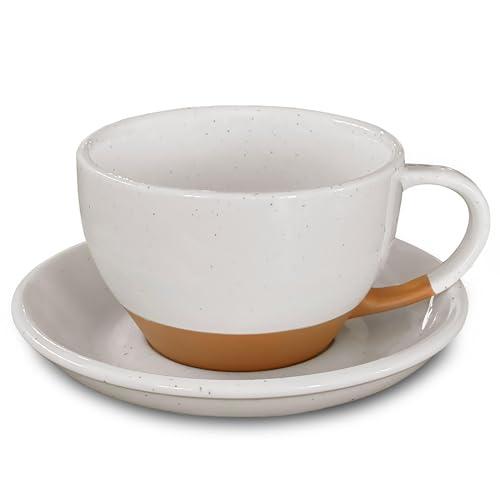 MORA Ceramic Latte Art Mug With Saucer - 10.5 oz, Round Bottom For Perfect Pours - Cafe Cups for Cappuccino, Espresso, Coffee, Tea etc - Porcelain Set for Baristas, Great Gift - Vanilla White