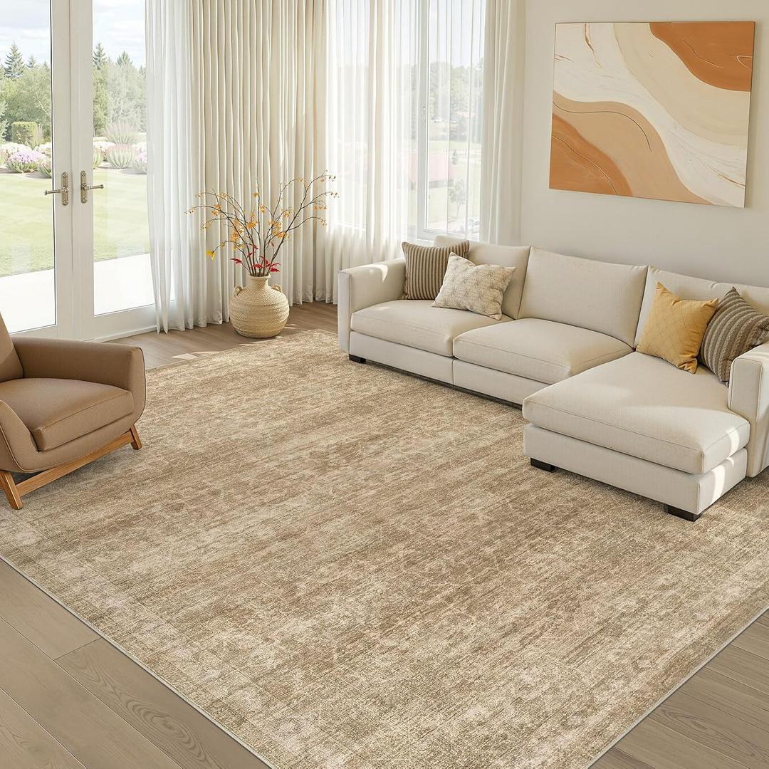 Nakagishi 10x14 Area Rugs Living Room: Washable Large Vintage Rug Neutral Non-Slip Soft Stain Resistant Indoor Carpet for Bedroom Nursery Dining Room Office Playroom - Dark Bown
